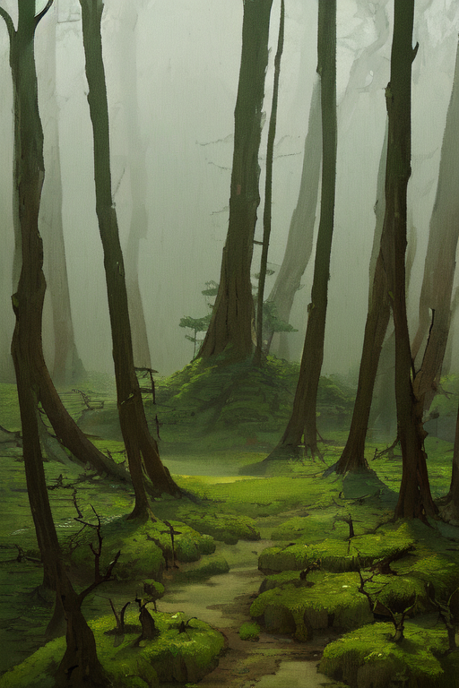 A misty medieval fantasy forest